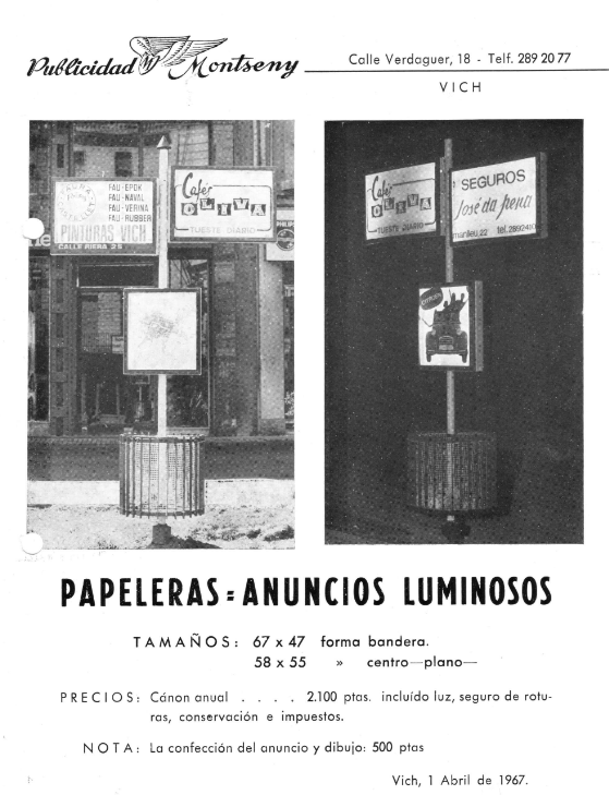 Anuncis lluminosos en papereres a Vic l’any 1967 en els inicis de MC Urban